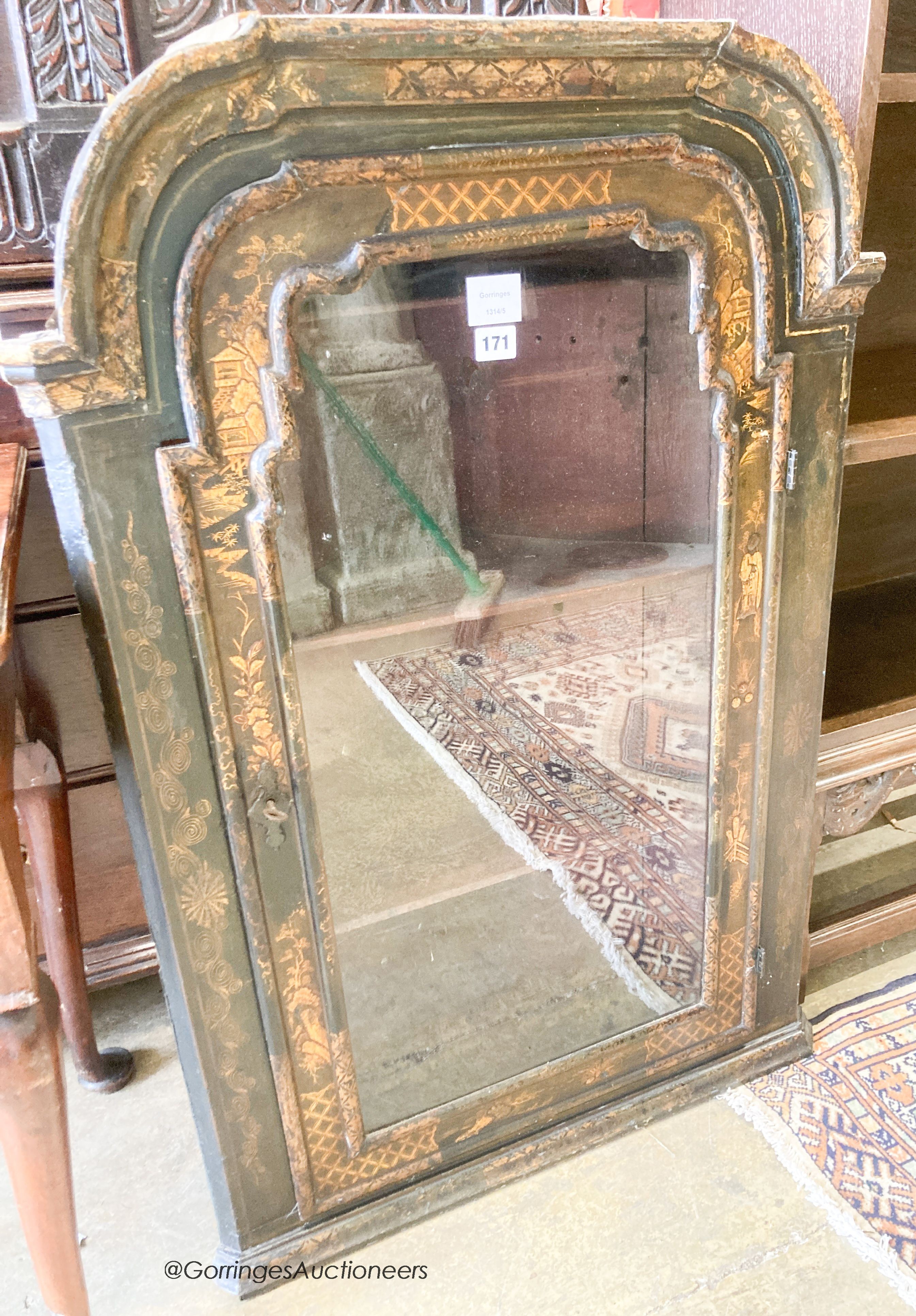 An early 18th century black and gilt lacquered hanging corner cupboard, length 70cm, depth 34cm, height 100cm